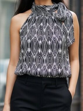 LOFT Petite Black & White Geometric Halter Tie-Neck Top Size LP